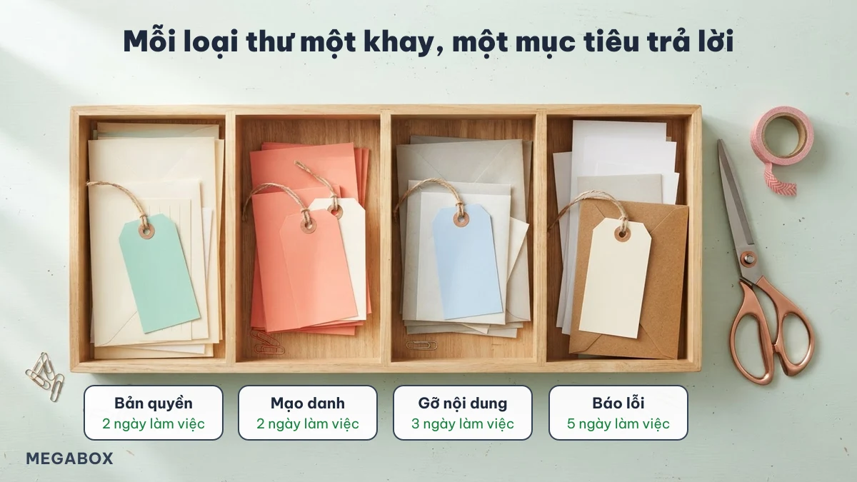 Bốn khay thư theo loại liên hệ: bản quyền và mạo danh 2 ngày, gỡ nội dung 3 ngày, báo lỗi 5 ngày làm việc
